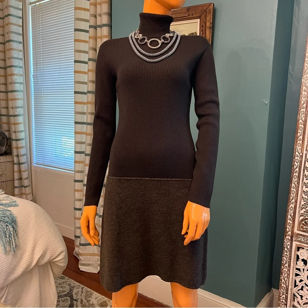 DKNY Wool Ribbed Knit Turtleneck Dress with Vest - Picture 2 of 16